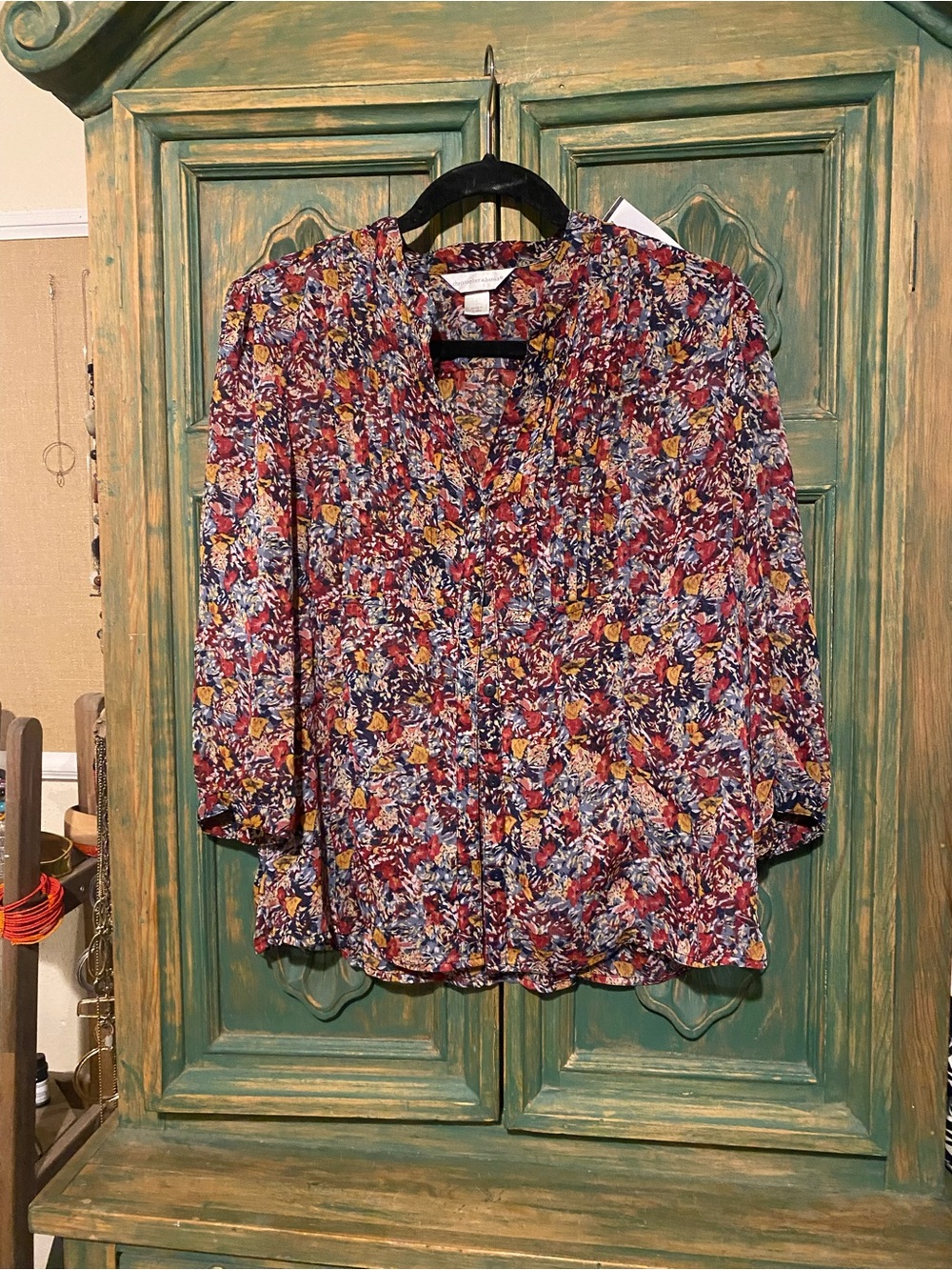 Floral Button-Front Blouse in Burgundy and Mustard